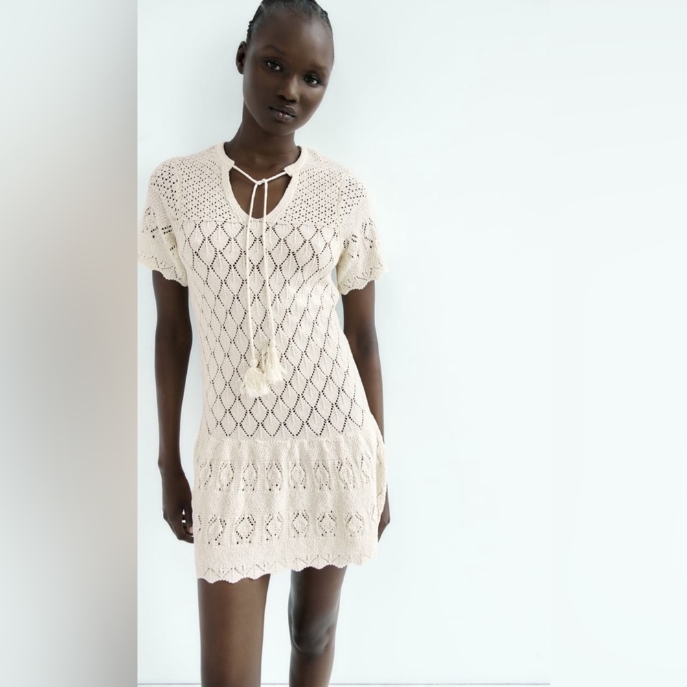 Zara Pointelle Kit Ruffled Hem Crochet Dress Cream/ Oyster White